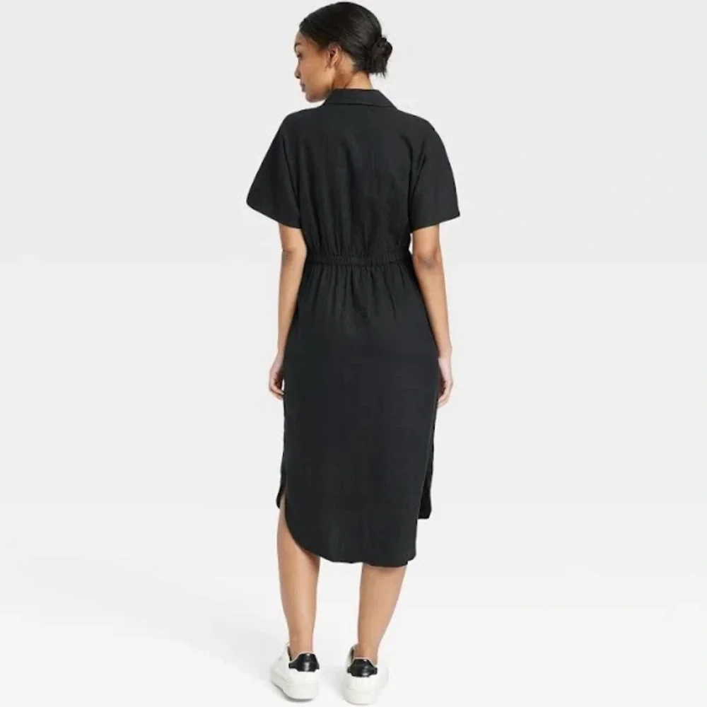 A New Day Black Linen Blend Midi Shirt Dress - Picture 2 of 8